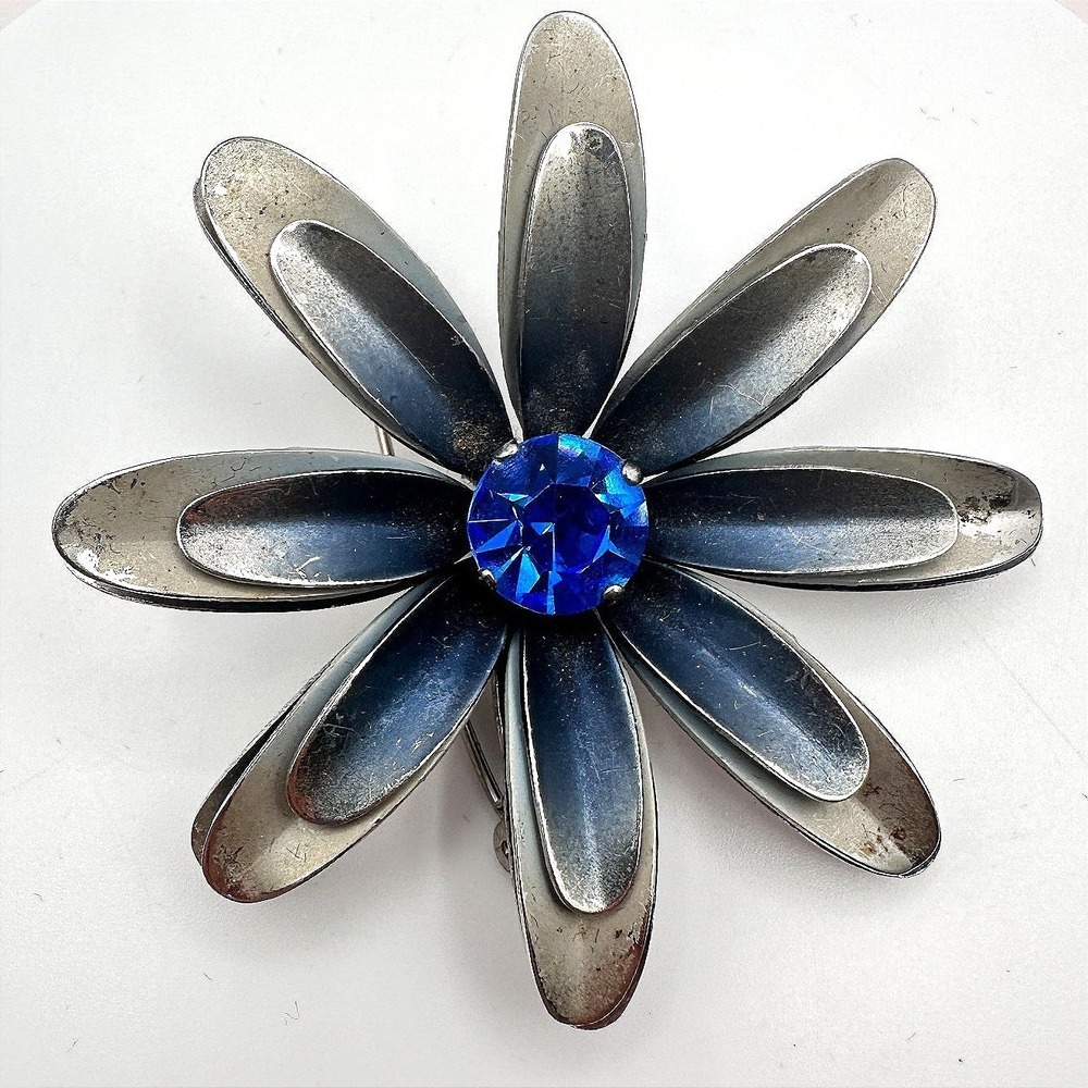 Vintage 90s Silver Tone Blue Glass Floral Pin Brooch Fashion Women's Jewelry